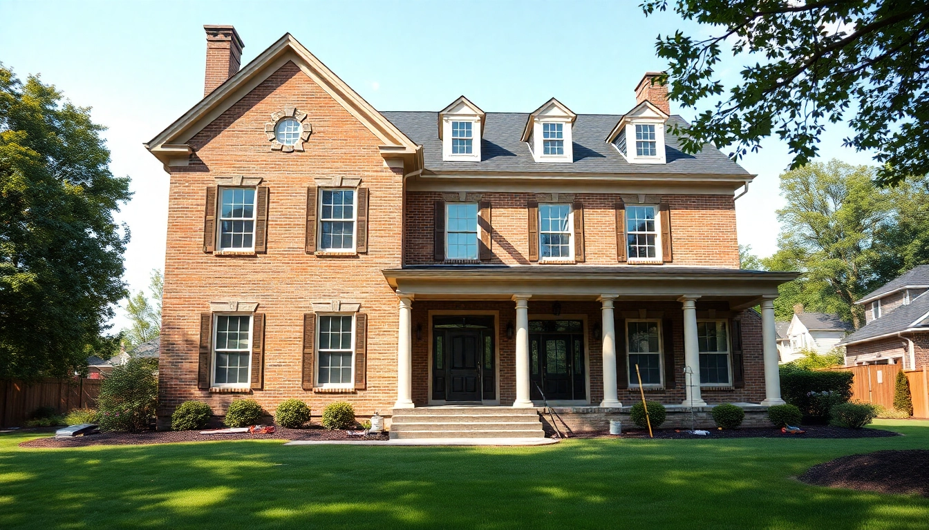 Colonial home construction site featuring detailed architecture and lush landscape.