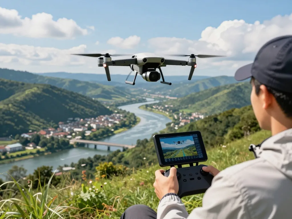 Droni flying over a scenic landscape, capturing stunning aerial views, with a pilot using advanced technology.
