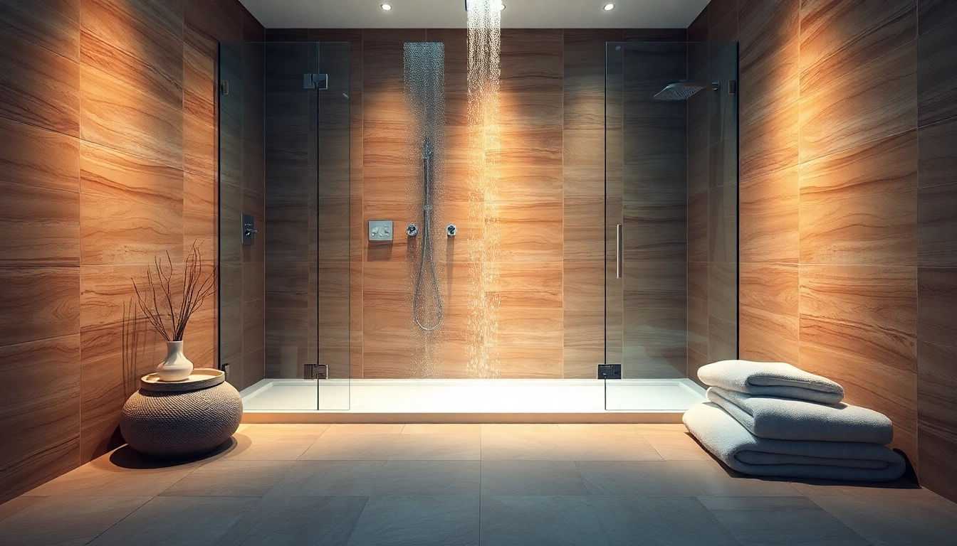 Experience elegant showers au in a serene bathroom setting with inviting lighting and sleek design.