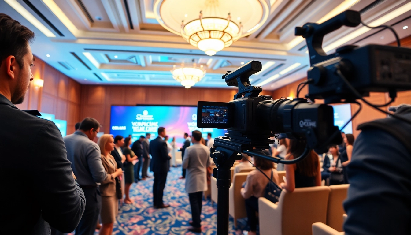 Capture a vibrant scene of Commercial videography at a corporate event with diverse professionals.