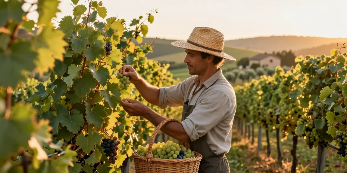 Chattoowines vineyard worker hand-picking ripe grapes in lush landscape.