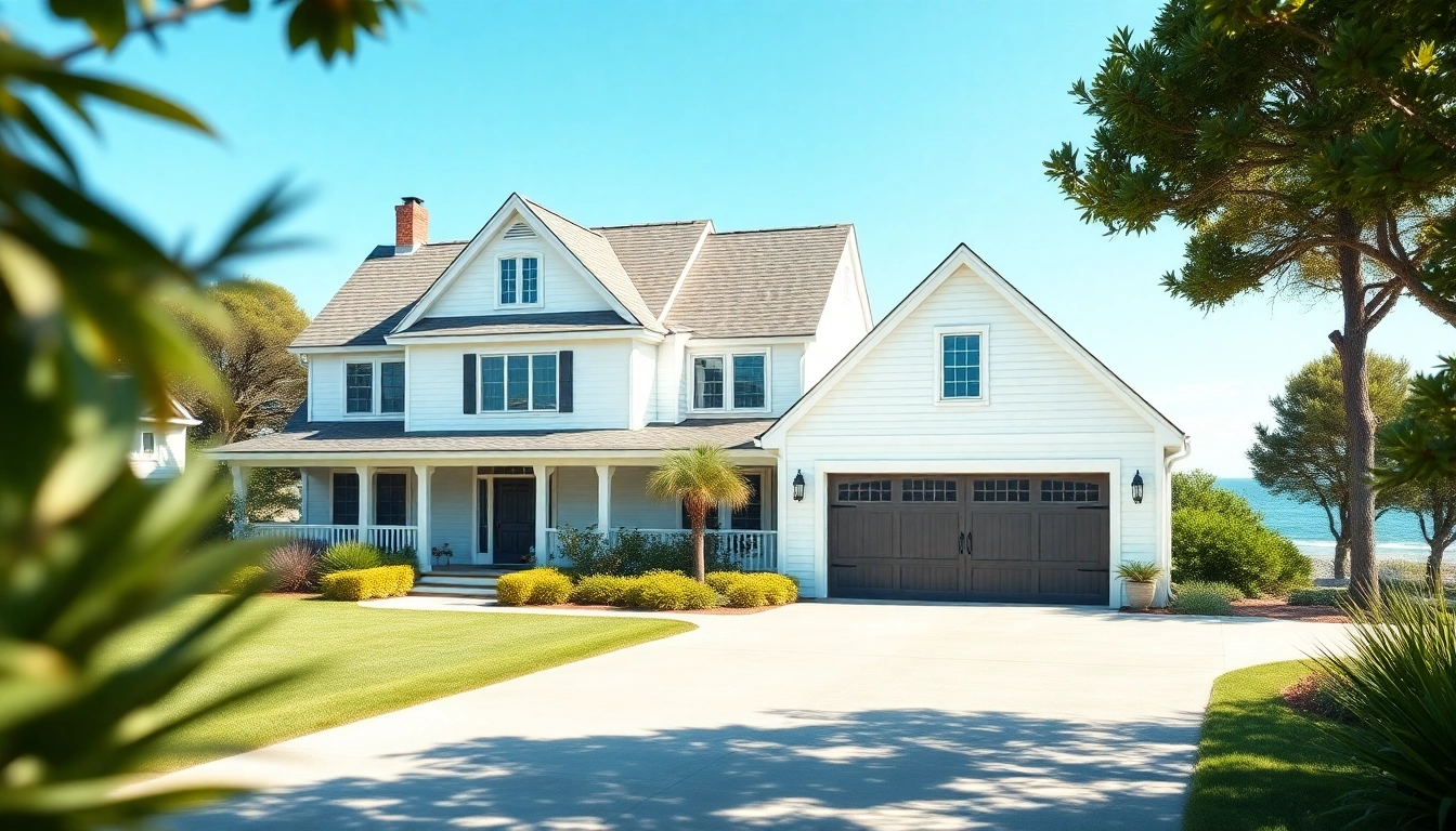 Cape Cod homes with spacious garage and lush landscaping under clear sky.