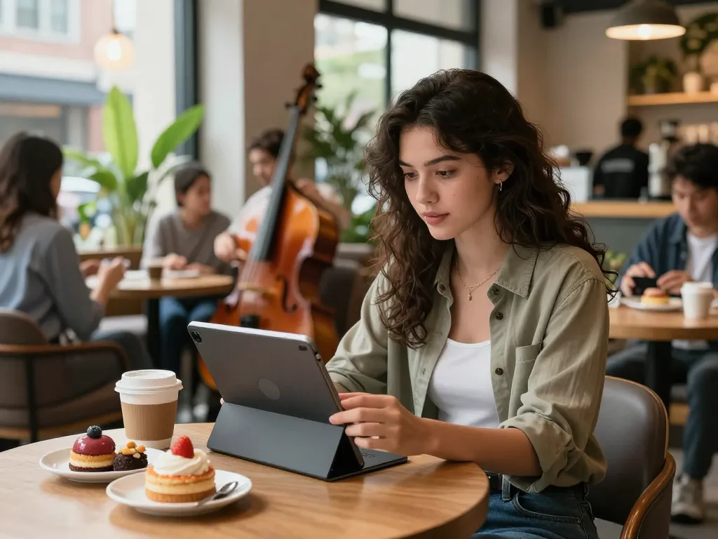 Young woman interacting with her AI gf on tablet in a cozy café setting.