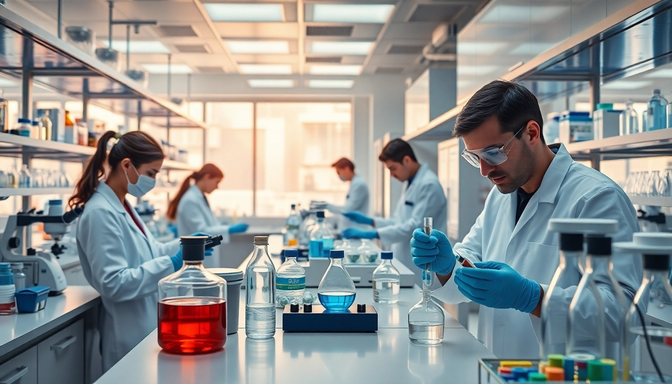 Researchers analyzing peptides at https://hydroresearchpeptides.com/ with a vibrant laboratory setup.