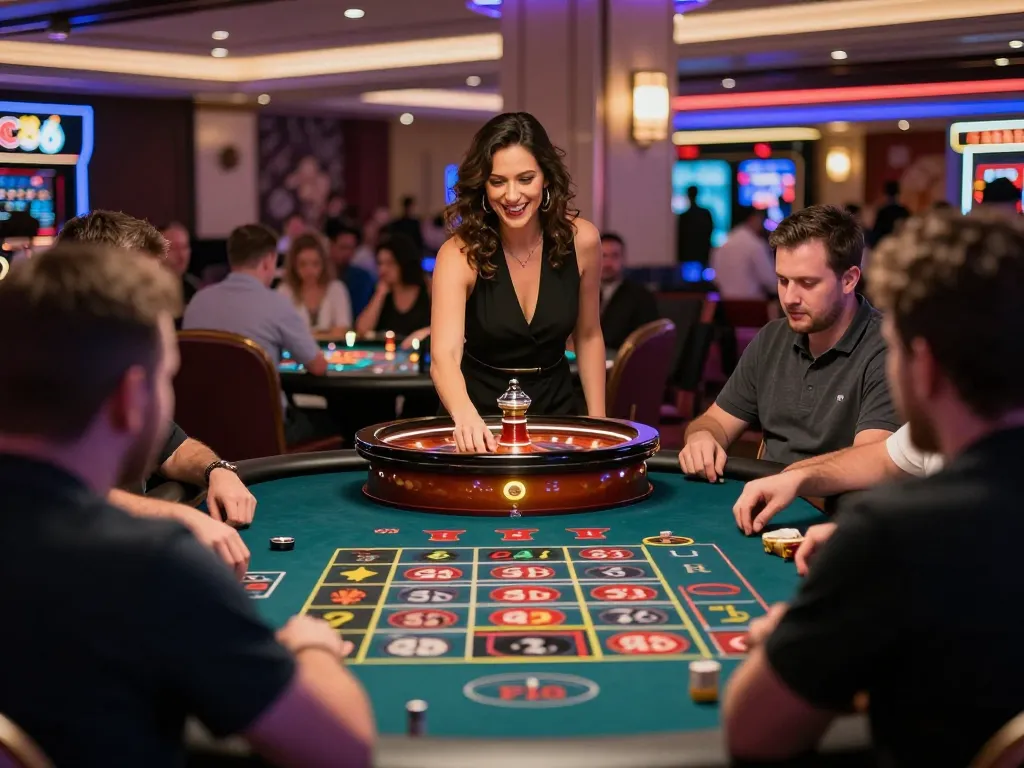 FC88 players thrill in an exciting roulette game with colorful chips and vibrant casino lights.