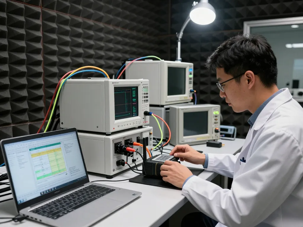 Engineer performing FCC compliance testing in advanced EMC lab with precision instruments and laptop analysis.