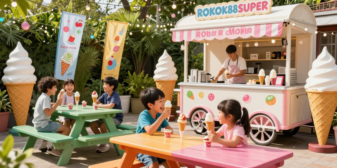 Enjoying unique ROKOK88SUPER ice cream flavors at a family-friendly outdoor shop.