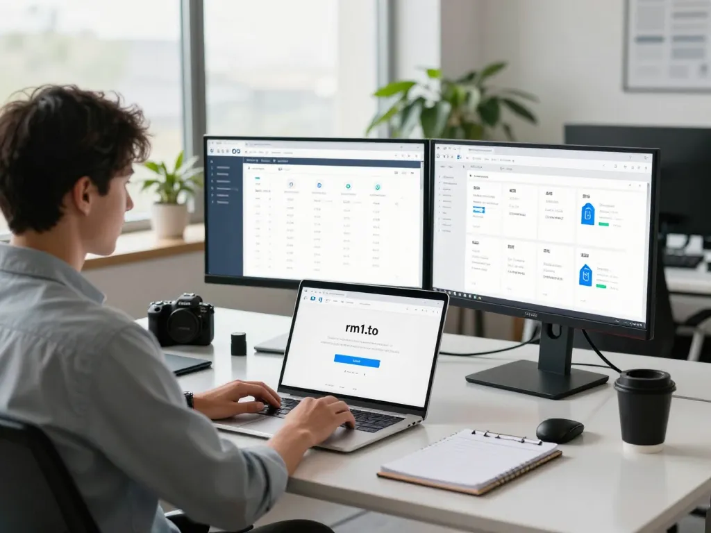 Secure rm1.to login page on a sleek laptop in a modern office.