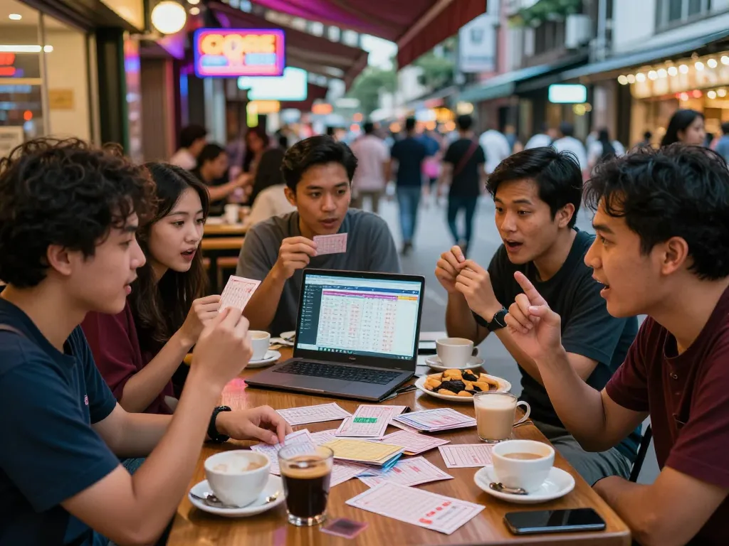 Penggemar Togel Hongkong mendiskusikan tiket lotere di kafe yang ramai.