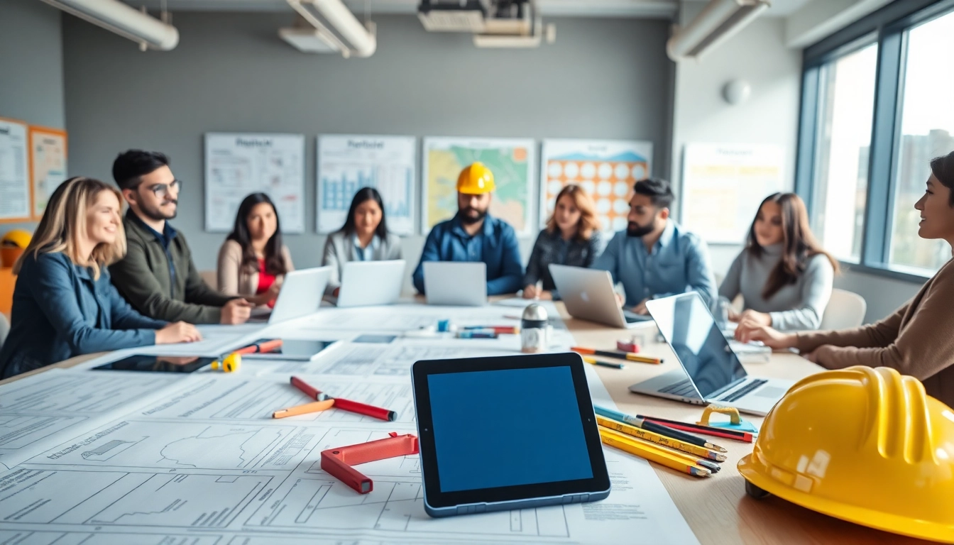 Engaged individuals in construction management training, focusing on collaboration and education.