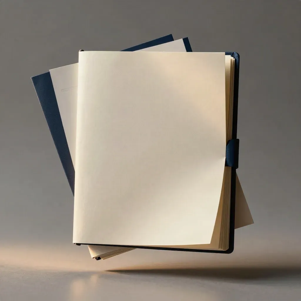 Cream folio starter kit with navy tabs and loose cards hovering in moody studio light.