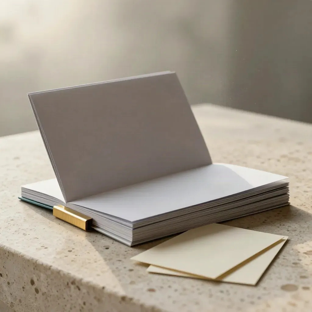 Blank lead article booklet stack on pale stone with open guide and teal accent in soft morning light