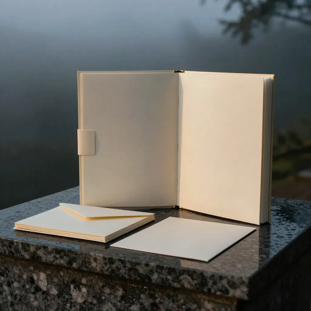 Cream lead-generation folio with blank cards, booklet and envelope on wet travertine in dawn mist.