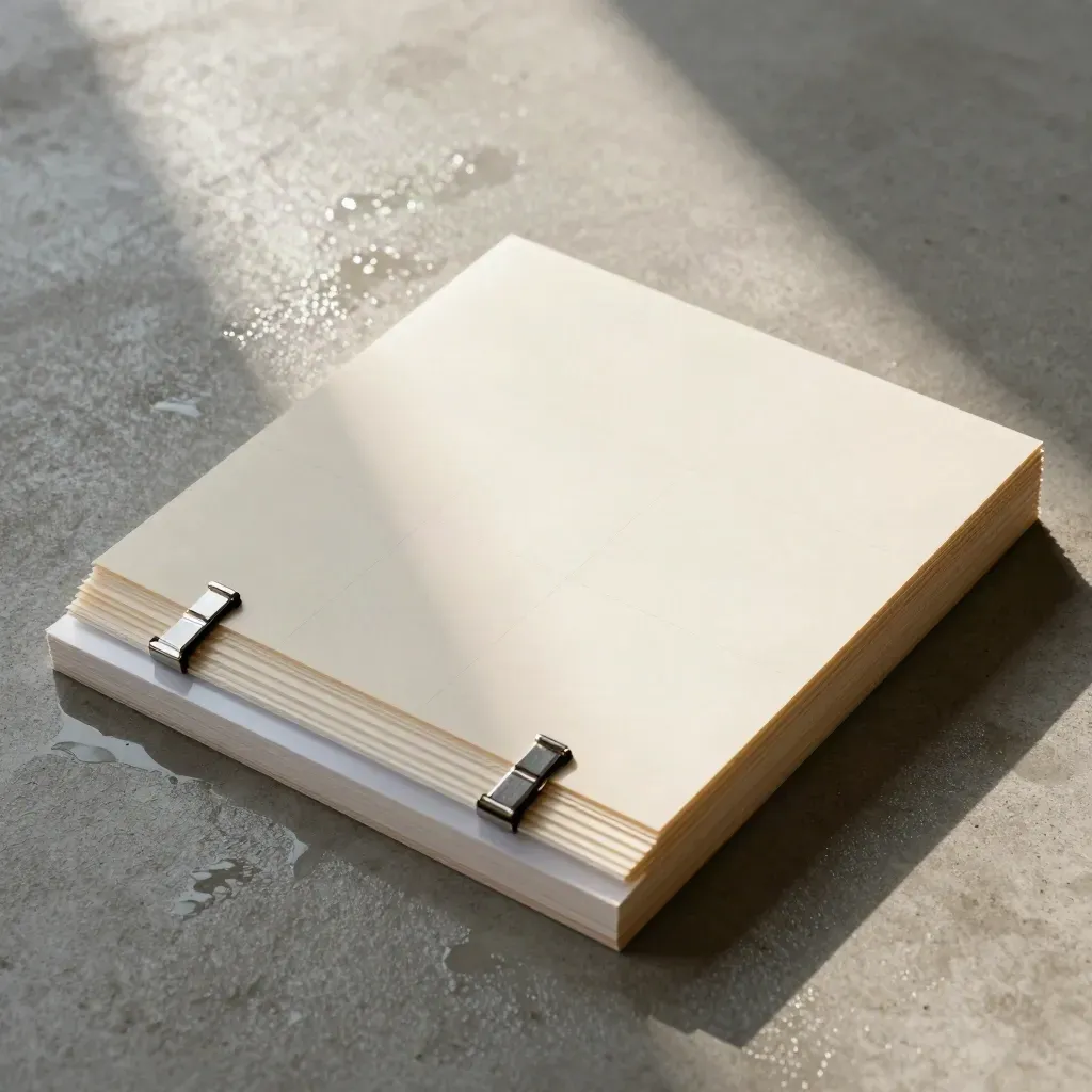 Overhead wet-stone flatlay of an open folio with blank cards, clips, and a translucent sleeve.