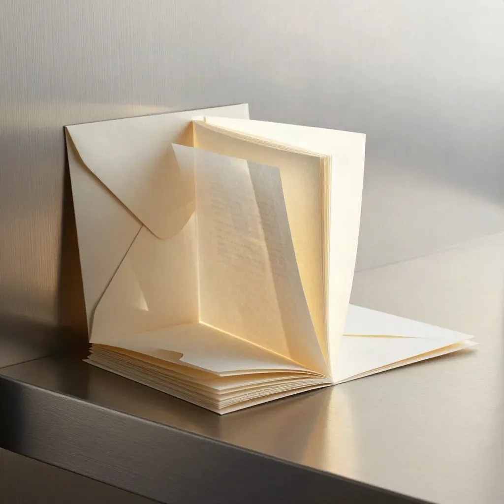 Folded cream paper kit with tracing layers and a gold-edged envelope on brushed pewter.