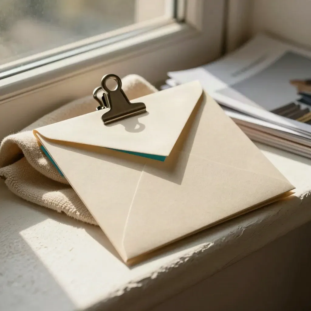 Half-buried folio with email capture hooks, folded cotton, clip, and teal insert on plaster.