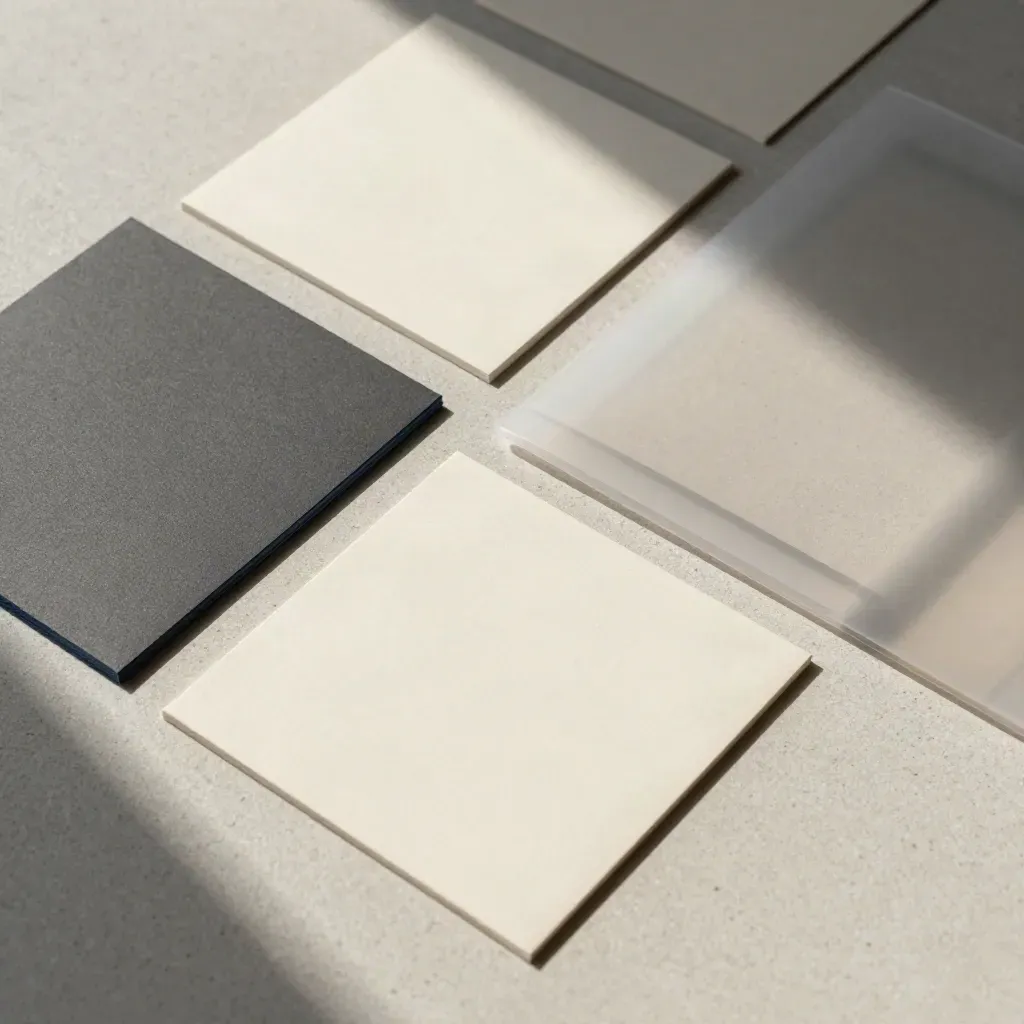 Overhead flatlay of tabbed planning cards and a slim folder on pale concrete.