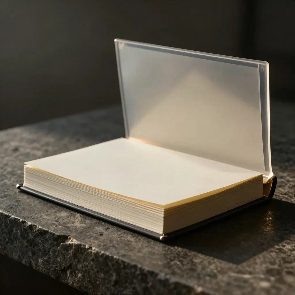 Acetate binder on dark stone, tipped open under a cool rim light.
