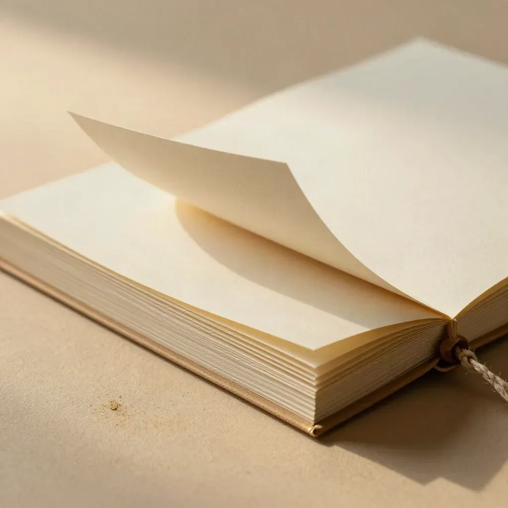 Pale paper folio with lifted flap and string tie on sand-colored plaster, lit by raking light.