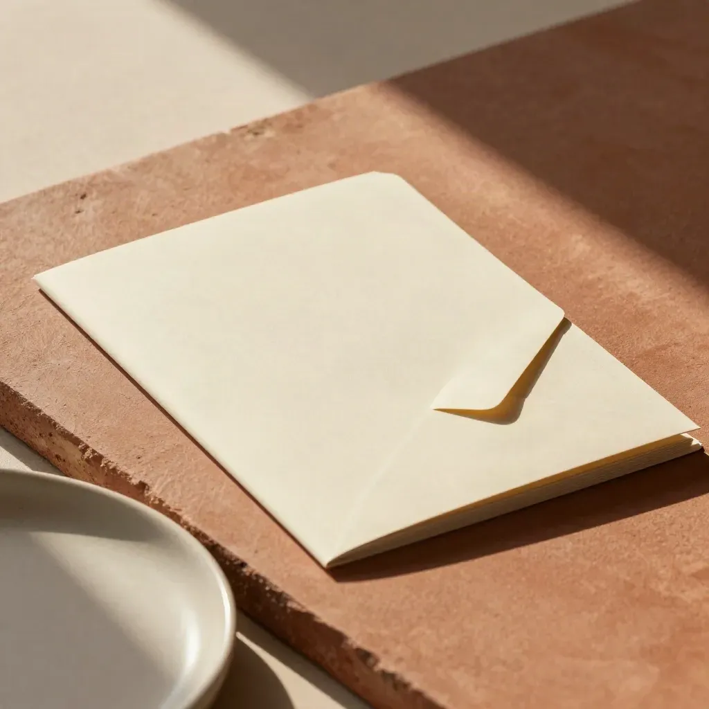 Founder blog briefs folder, inserts, envelope and ceramic tray on terracotta stone in soft daylight