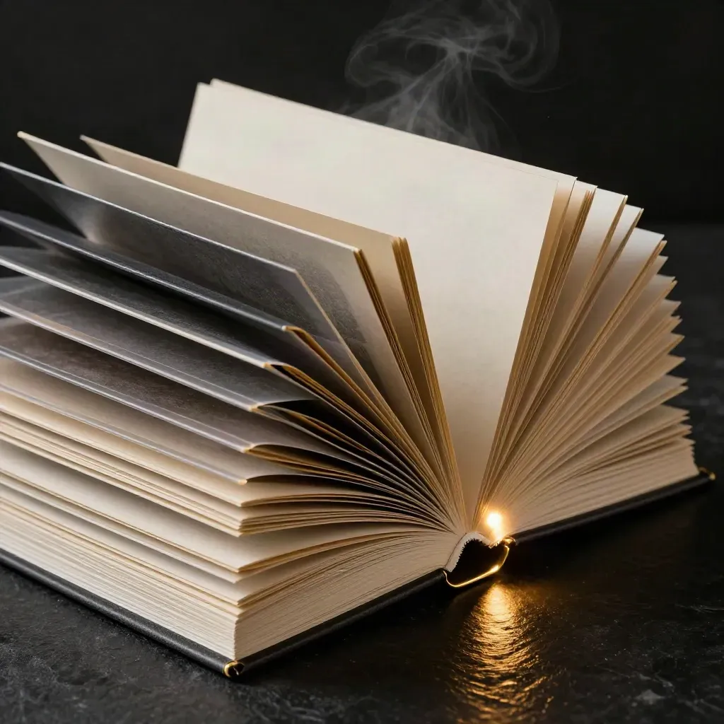 Blank booklets and brass clips burst open in a dramatic studio still life on black stone.