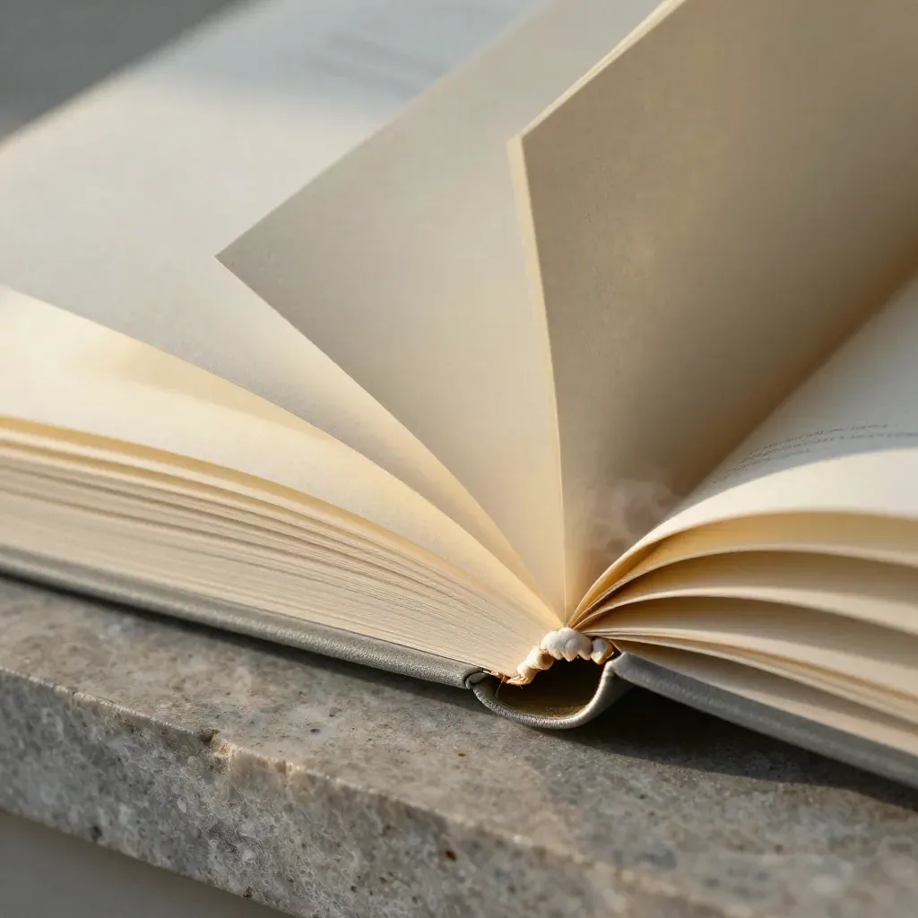 Macro of a blank paper strategy folio with brass clip and tracing sleeve on limestone.