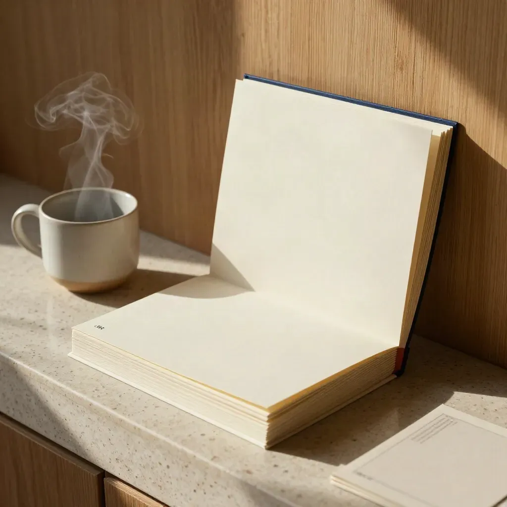 CTA sentence bank folio with note sleeves and a ceramic cup on travertine.