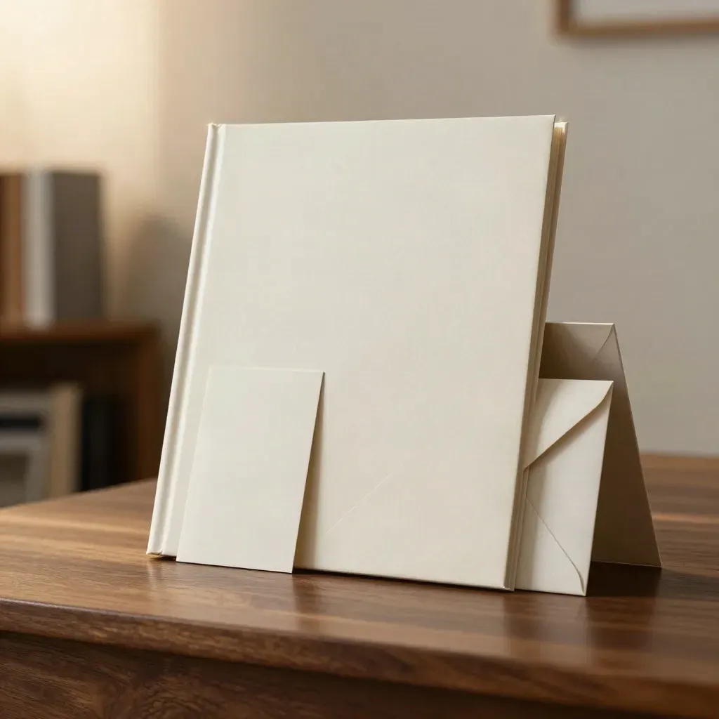 Unbranded writing kit in a white slipcase with cards and a slim envelope on warm walnut, softly backlit.