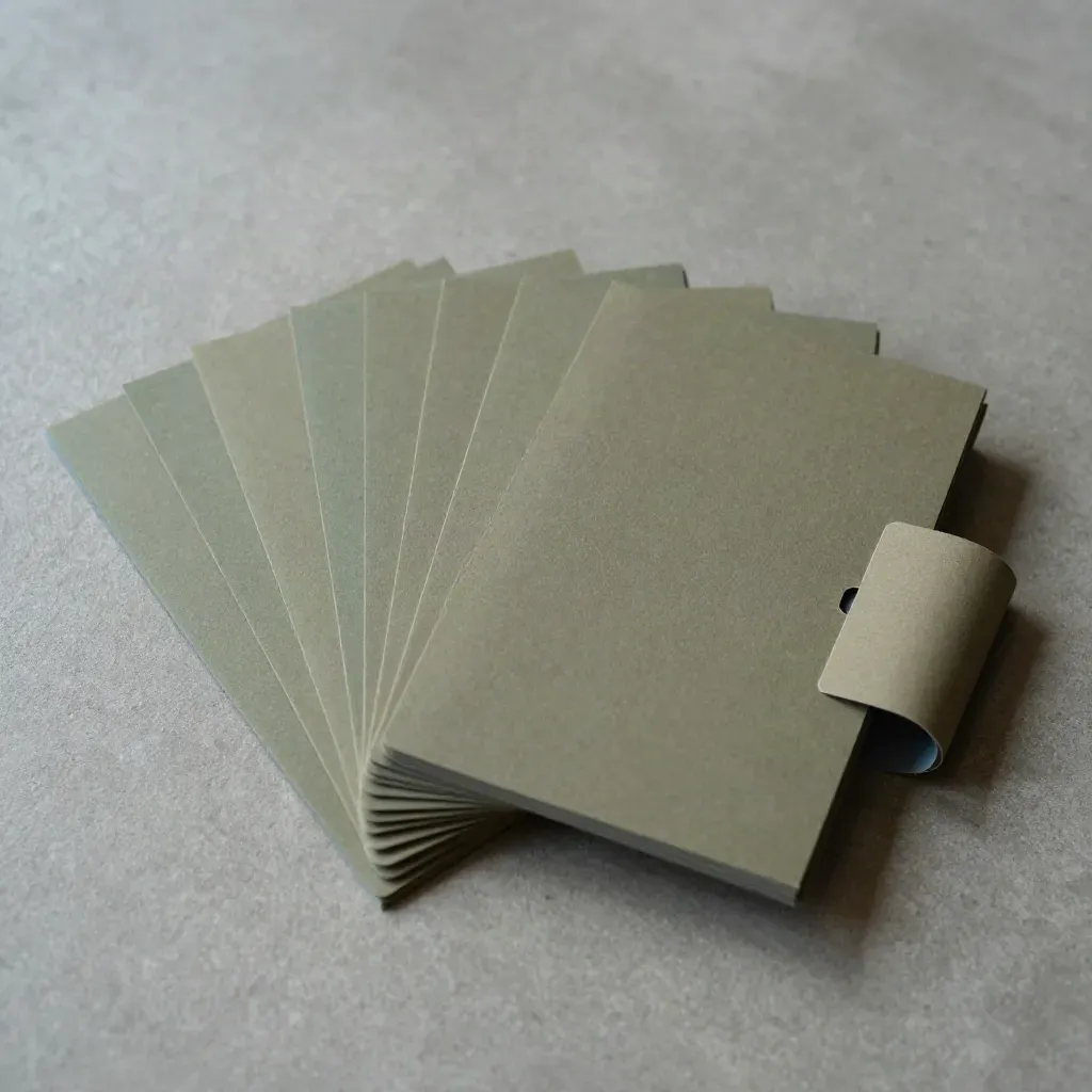 Overhead flatlay of a lead magnet kit with blank cards, tabs, and a paper band on concrete