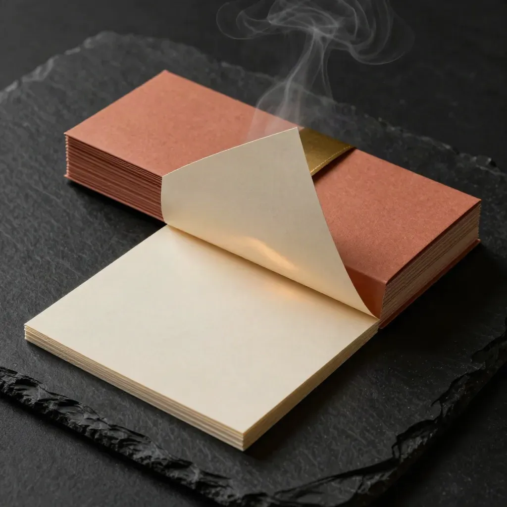 Half-unwrapped article brief pack with cream inserts and gold band on dark stone.