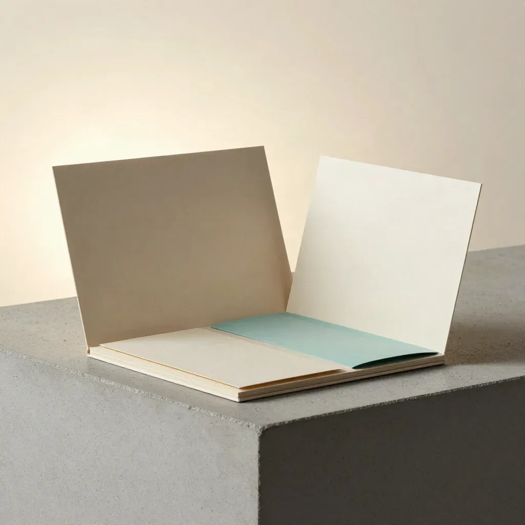 Slipcase newsletter kit with folded cards and a teal insert on a concrete plinth.