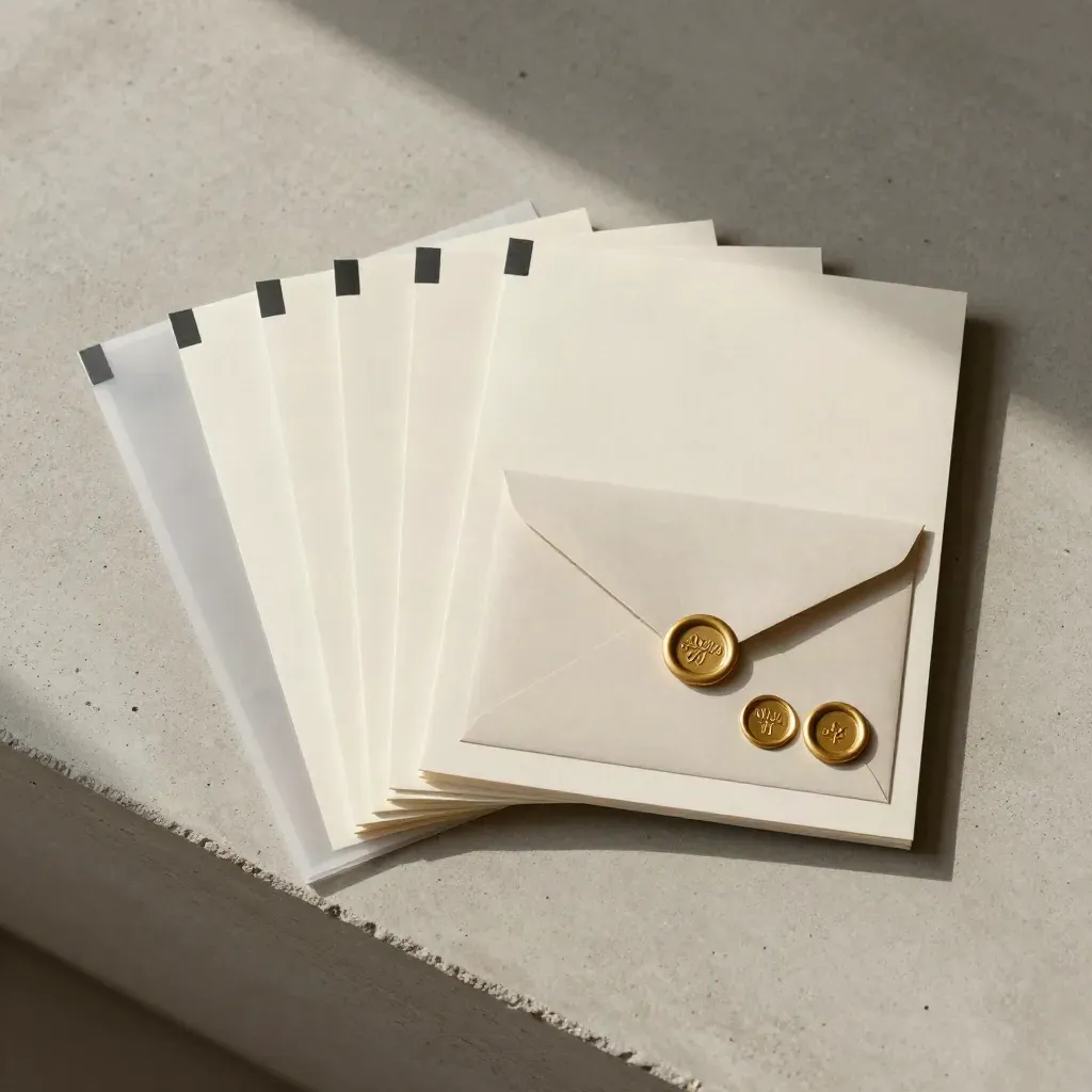 Overhead flatlay of blank SEO checklist sheets, envelope, and gold seals on pale concrete.