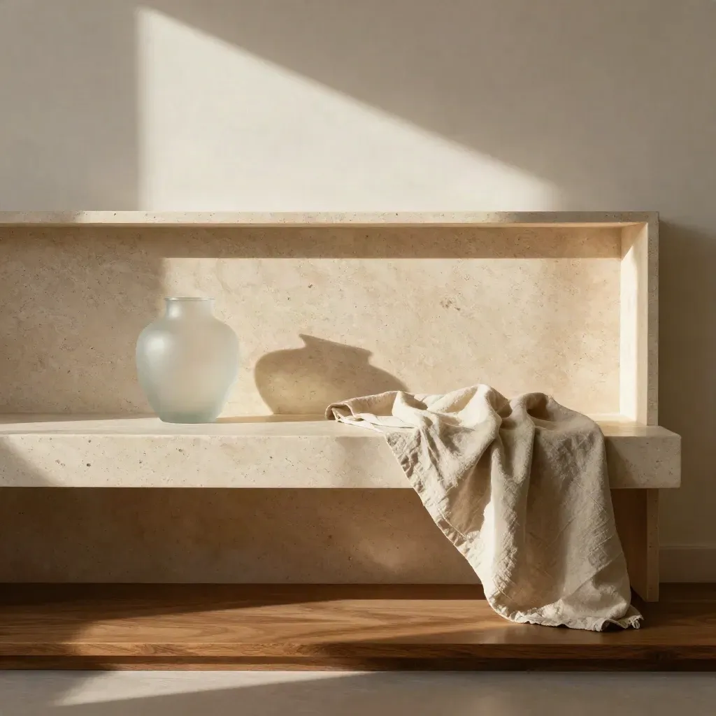 Sunlit travertine niche with linen bench, frosted glass vessel, and calm open copy space.