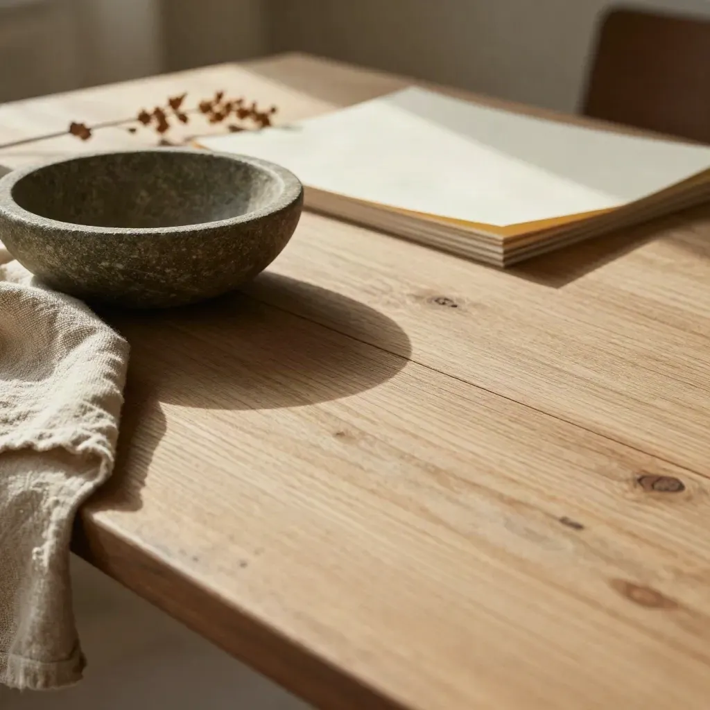 Oak worktable with stone bowl, linen fold, and dried stem in warm raking light