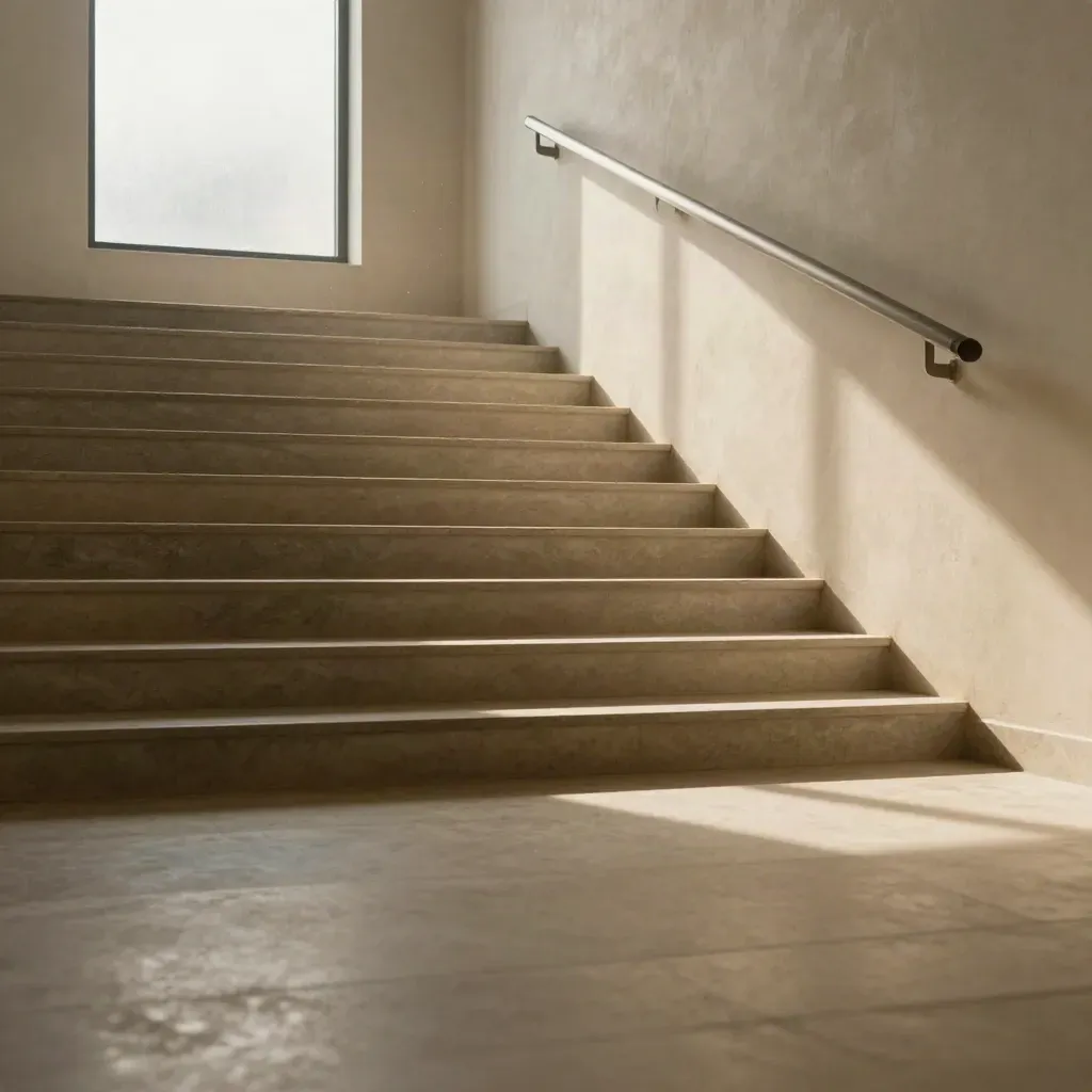 Sunlit plaster stair landing with high frosted window and calm copy space.