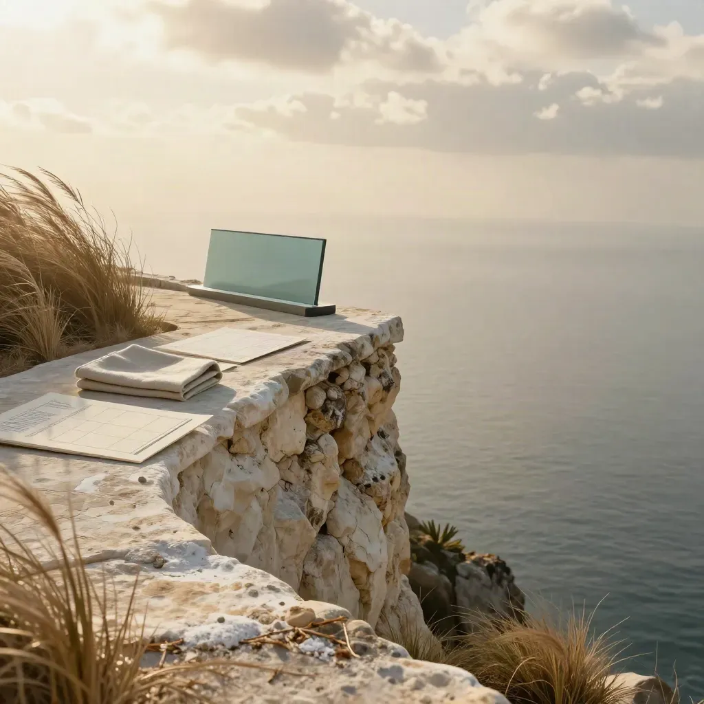 Golden cliffside terrace with stone ledge, reed grass, misty sea, and teal accents.