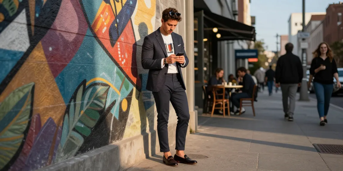 Stylish young man in men's fashion outfit against vibrant urban backdrop.