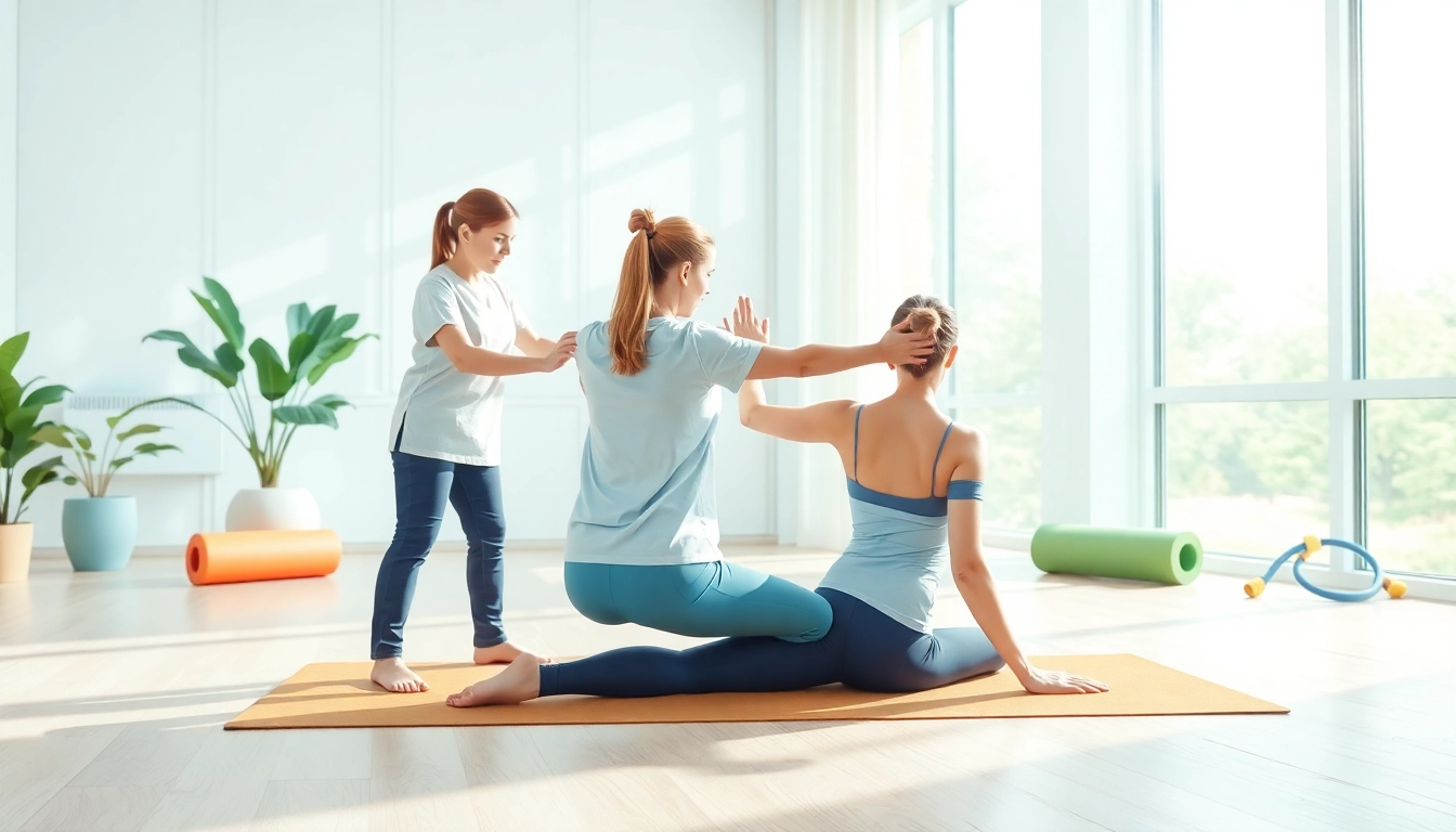 Therapist assisting a patient with chronic low back pain relief exercises in a soothing clinic.