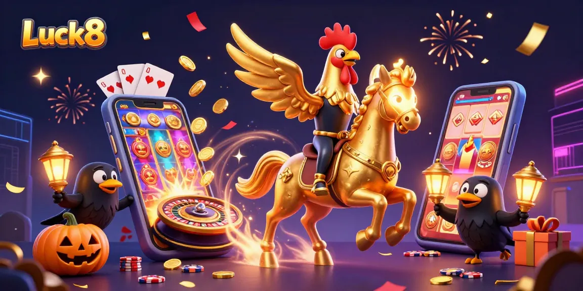 Experience the Luck8 casino excitement with a golden rooster and spectral horse among festive gaming elements.
