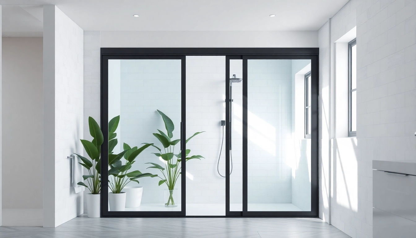 Showcasing stylish shower doors sliding in a modern bathroom with a fresh ambiance.
