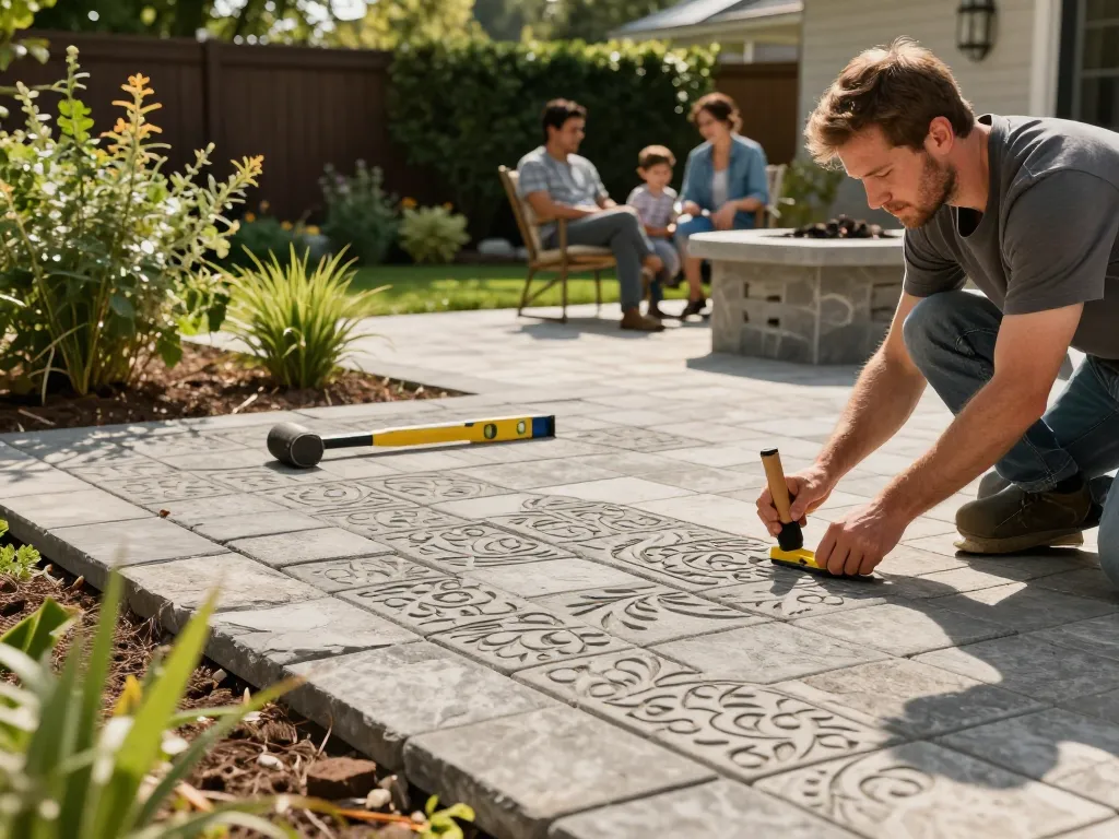 Paver installation near me in a sunny backyard, showcasing craftsmanship and family enjoyment.