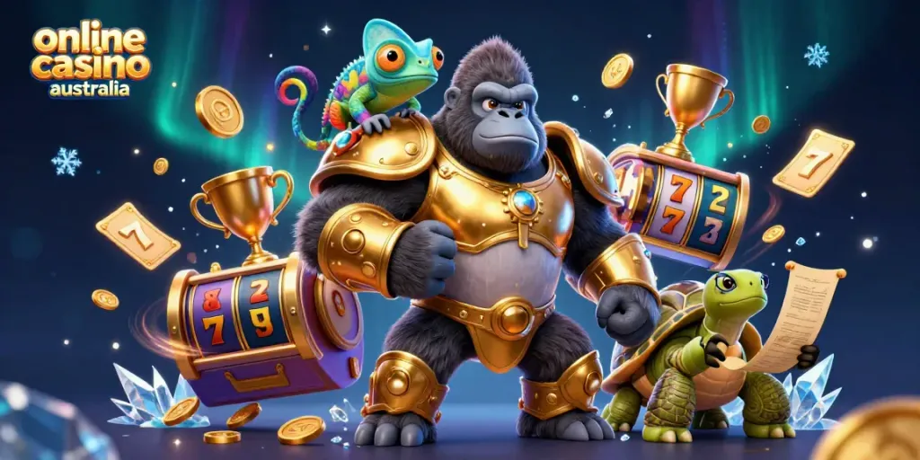 Experience thrilling gameplay at an online casino Australia with a dynamic illustration of a gorilla king, chameleon spy, and tortoise elder.
