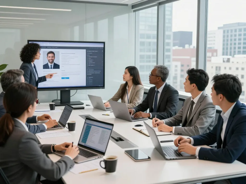 Team in a modern office reviewing candidates, showcasing search firms expertise.