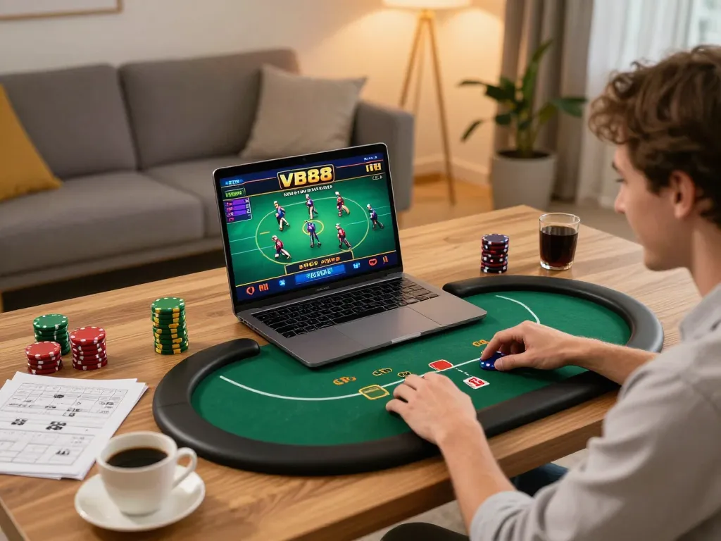 Player engaging with VB88 poker game on a laptop, showcasing a cozy home gaming setup.