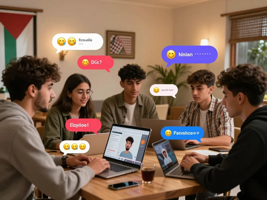 Online chat environment for شات فلسطين, showcasing diverse youth connecting in a vibrant digital space.