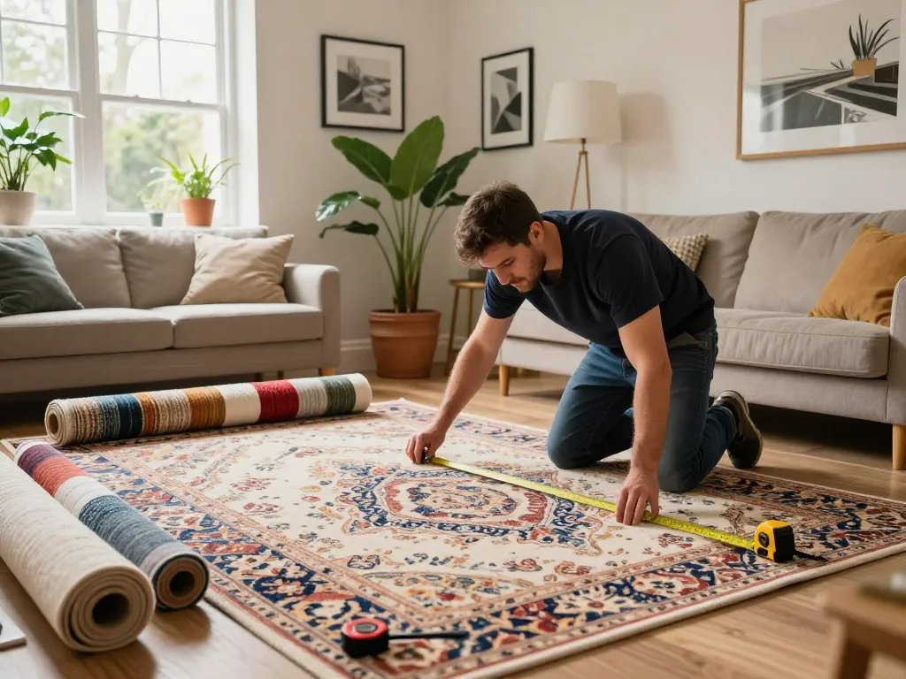 Professional carpet fitter demonstrating carpet fitting services West London in a beautifully lit living room with stylish decor.