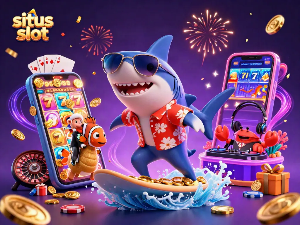 Experience thrilling gameplay at situs slot with 3D characters enjoying gold coins and vibrant slot action.