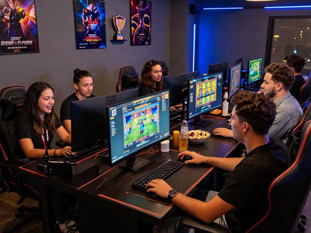 Friends enjoying online slot gacor games in a vibrant gaming environment with multiple monitors and gaming decor.