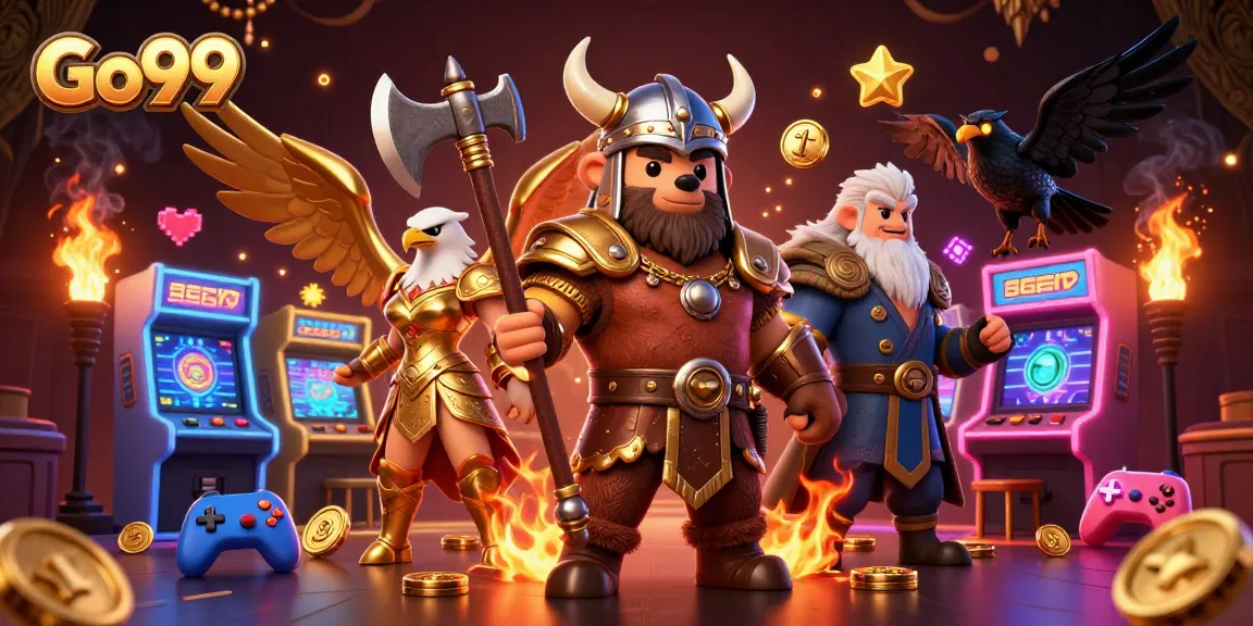 Engage in thrilling gaming with Go99's vibrant arcade scene featuring mythical characters and exciting casino elements.