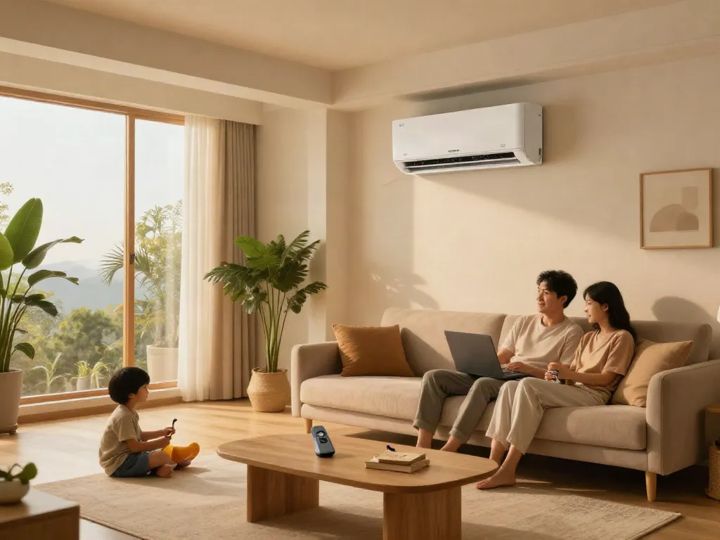 Family enjoying comfort with a stylish 2400 btu mini split system in a modern living room.